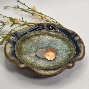 Stoneware Pottery Crackle Crushed Glass Trinket Dish Made In USA